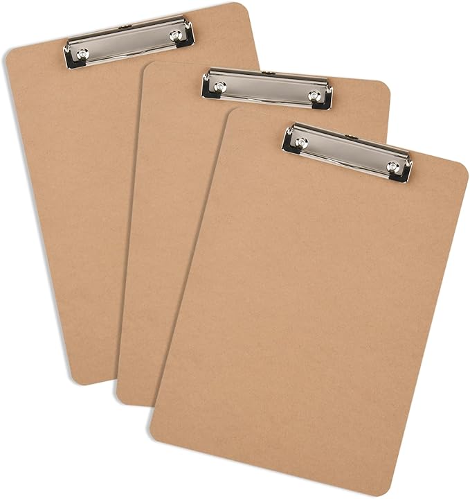 3 Pack Hardboard Office Clipboard, Letter-Size Clipboard with Low Profile Clip, Classic Clip Boards, 9" x 12.5" Wood Clipboards for Office, School, Hospital Supplies, Brown