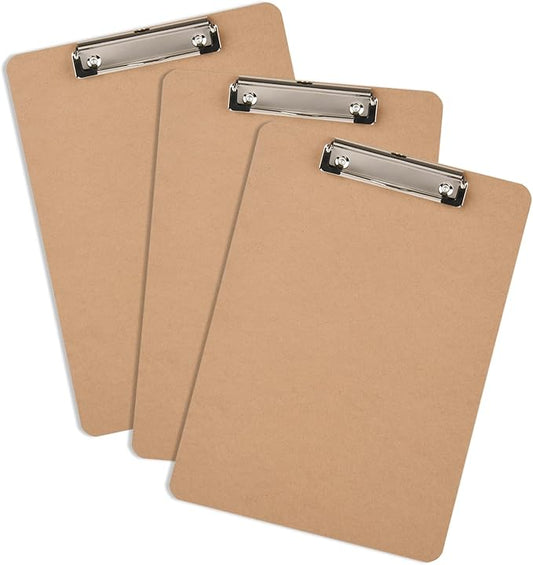 3 Pack Hardboard Office Clipboard, Letter-Size Clipboard with Low Profile Clip, Classic Clip Boards, 9" x 12.5" Wood Clipboards for Office, School, Hospital Supplies, Brown