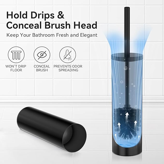DOWRY Toilet Brush and Holder for Bathroom Storage Organization Deep Cleaning Covered Brush Cleaner Black Toilet Brush with 2 Brush Holders,Black Round 2PCS