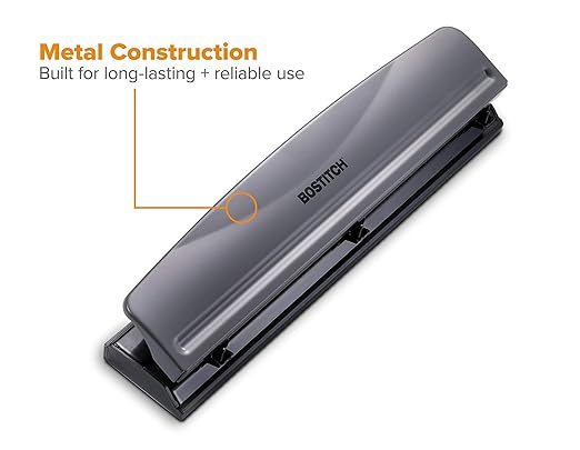 Bostitch Office Premium 3 Hole Punch, 12 Sheet Capacity, Metal, Rubber Base, Easy-Clean Tray, Silver, Gray
