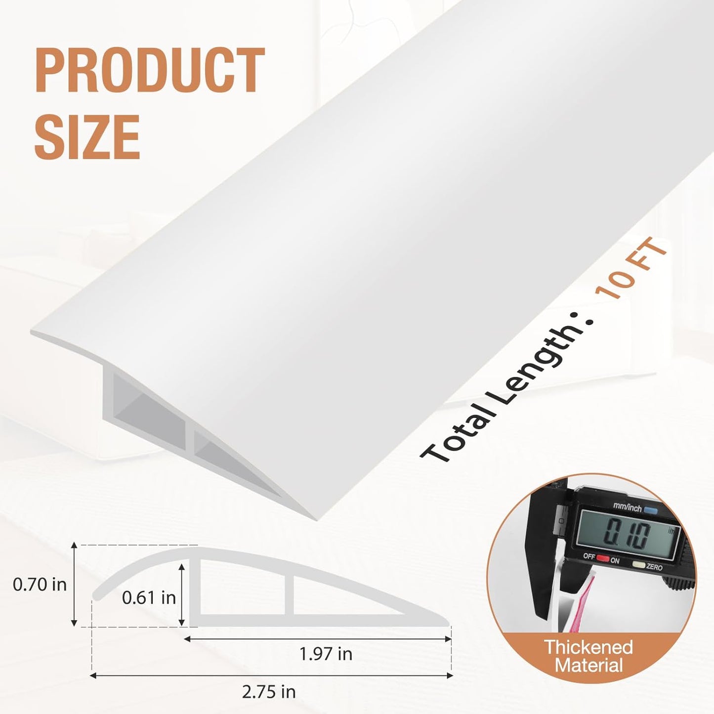 Floor Transition Strip Self Adhesive Vinyl Door Threshold for Doorways Carpet Edging Trim Overlap Edge Reducer for Laminate Floor, Carpet, Tile (White, 2/5" to 3/5", 10Ft)