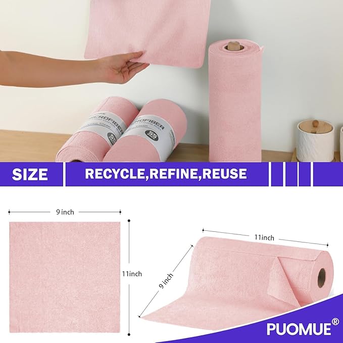 55 Pack Microfiber Cleaning Cloth Roll, Tear Away Reusable Towels, 11" X 9", Ultra Absorbent & Lint Free Microfiber Cloth for Cleaning Cars, Kitchen, Window, Home and Shop (Pink, 9"X11"-55PK)