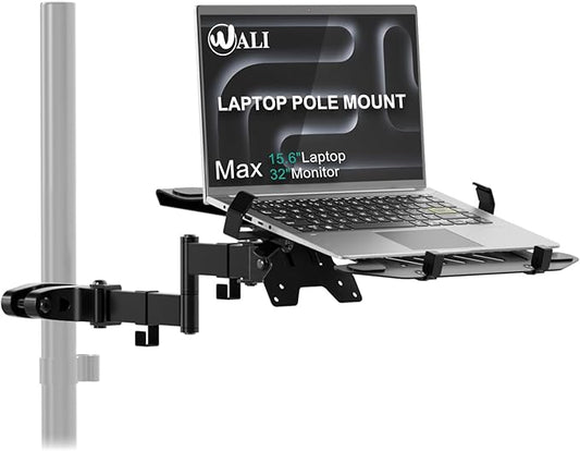 WALI Laptop Pole Mount, Adjustable Laptop Arm Holder Fits 10"-15.6" Laptops, 2-in-1 Full Motion Monitor Mount with Removable Tray, VESA 75x75 or 100x100 mm, Holds up to 15.4lbs(011ARMLPN), Black