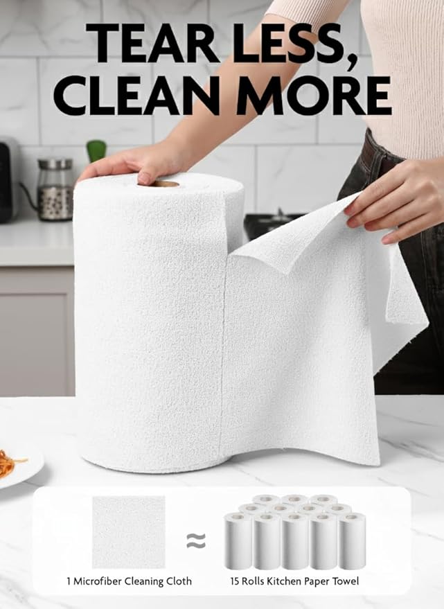 Fantasticlean Microfiber Cleaning Cloth Roll -675 Pack, Tear Away Microfiber Towels, 12" x 12", Reusable, Washable, Ultra Absorbent Dishcloth for All-Around Cleaning Supplies (9 Rolls of White)