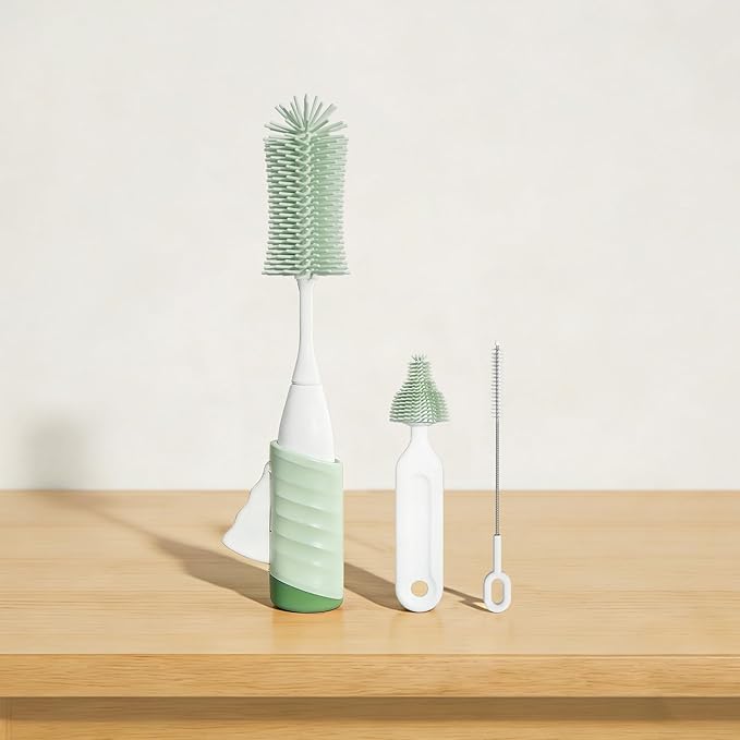 Bottle Brush Set, Innovative Efficient Press-to-Spin Brush Cleaner - Includes Silicone Baby Bottle Brush, Nipple Brush, Straw Cleaner - Spinning Generates Rich Foam for Deep Cleaning, Green