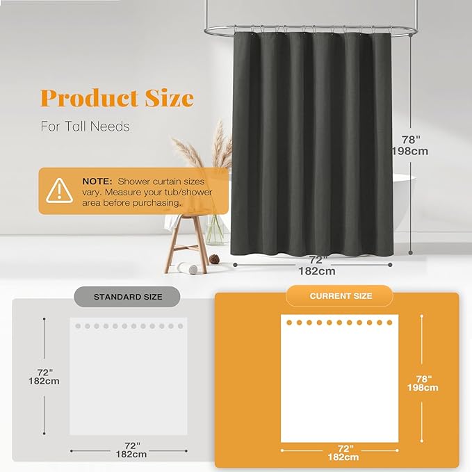 BTTN 78 Inch Long Shower Curtain, Gray Linen Textured Thick Weighted Fabric Shower Curtain Set with 12 Hooks, Tall Hotel Neutral Waterproof Polyester Shower Curtains for Bathroom, 72x78, Charcoal Grey