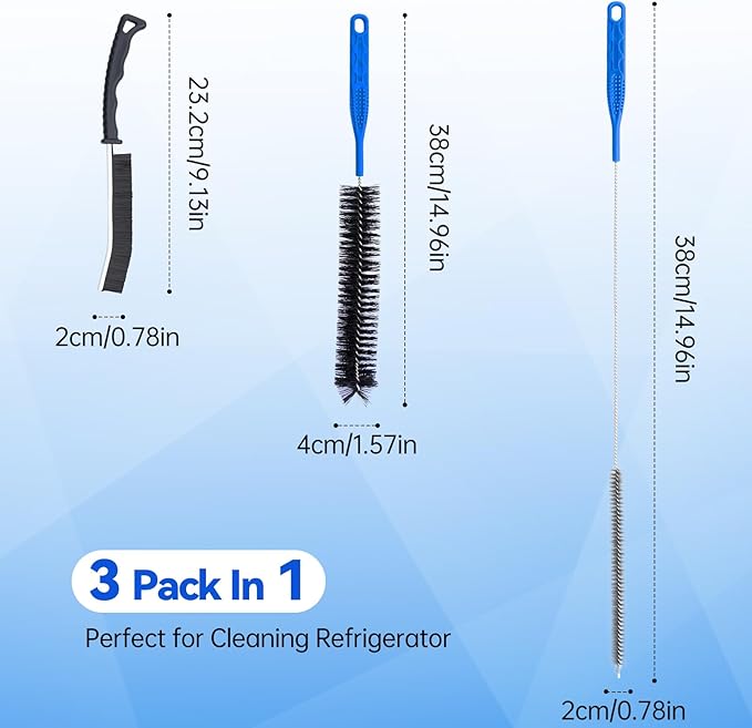 3 PCS Refrigerator Coil Cleaning Brush, Flexible Cleaner Brush Set for Refrigerator Coil, Multi-Use Lint and Dust Remover, with Crevice, Long and Detailing Brushes, Cleaning Tool Set