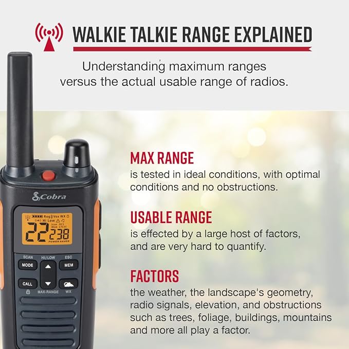 Cobra RX680 2-Pack Walkie Talkies & Compatible Cobra GA-SV01 2P Surveillance Headset Microphones: Rugged & Splashproof Two-Way Radios, Rechargeable, 60 Preset Channels, 38-Mile Range, Black/Orange