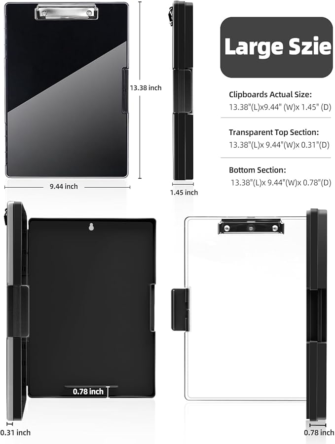 Clearview Clipboard with 2 Storage, Dry Erase 8.5x11 Heavy Duty ClipBoards - High Capacity Coaches Clip Board with Pen Holder - Side Opening Plastic Nursing Clip Case - Black