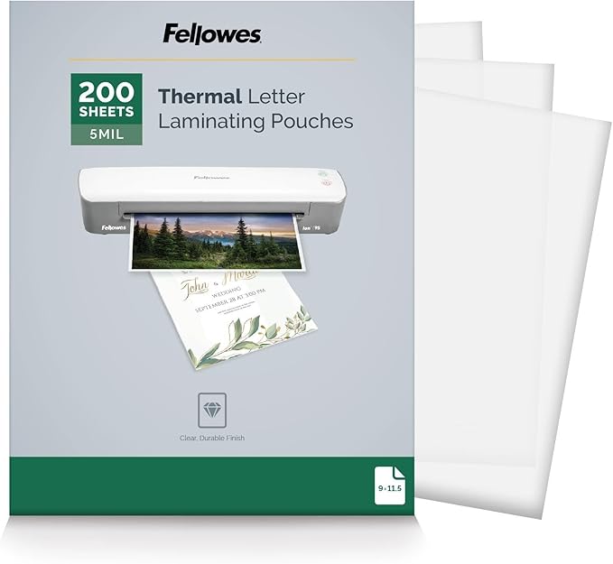 Fellowes Thermal Laminating Pouches, Letter Size Sheets, 5mil 200pk, Clear (5743601)