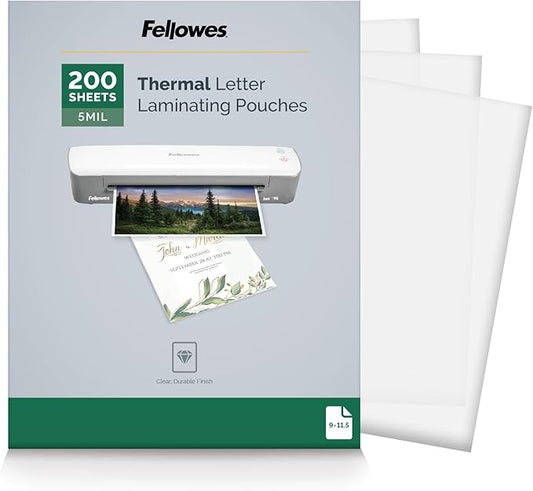 Fellowes Thermal Laminating Pouches, Letter Size Sheets, 5mil 200pk, Clear (5743601)