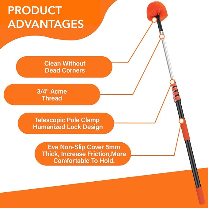 30FT Cobweb Duster with Extension Pole - High Reach Duster for High Ceilings & Outdoor Use - Telescoping Pole 5-24 Ft, Soft Bristles Cobweb Cleaner - 3/4" Acme Universal Thread