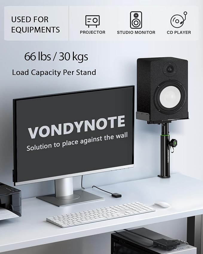 Set of 2 Dual Side Clamping Studio Monitor Stands Desktop Clamp Speaker Stands Height Adjustable Against The Wall Extendable Top Plate Mounted by Screws