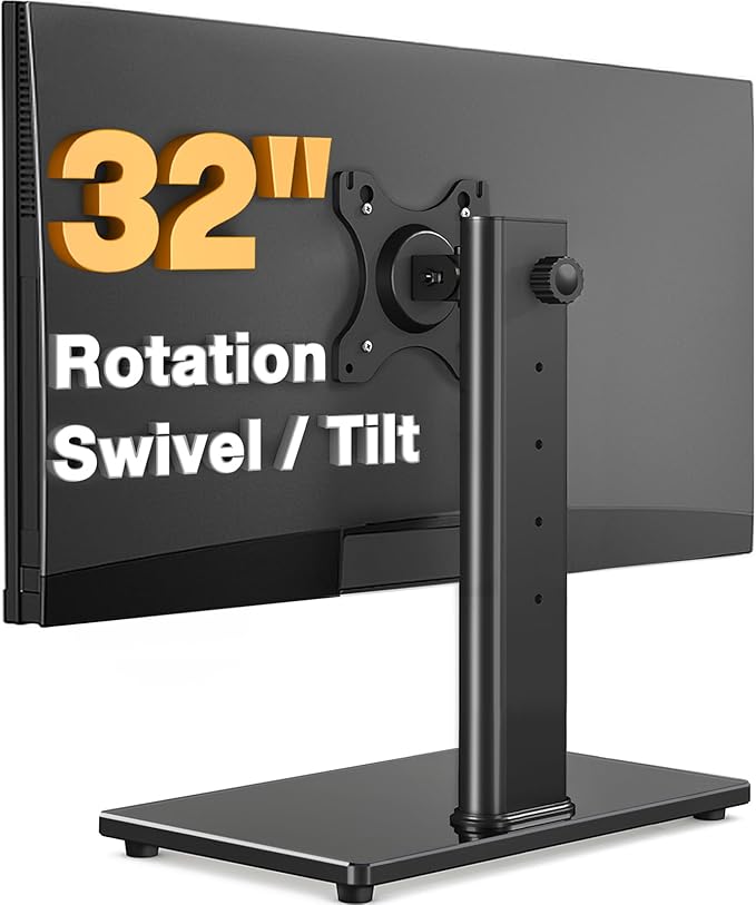 Single Monitor Stand VESA Mount for 13-32 Inch Screens, Free-Standing Monitor Riser with Swivel Tilt Rotation Height Adjustable, Universal Desk Stand up to 44lbs, VESA 75x75, 100x100mm