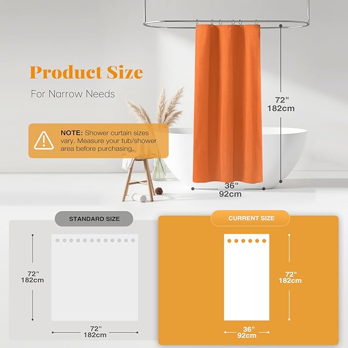 BTTN Stall Fabric Shower Curtain - 36x72 Inch Narrow Linen Textured Heavy Duty Shower Curtain Set with 6 Plastic Hooks, Half Neutral Minimalist Waterproof Modern Shower Curtains for Bathroom - Orange