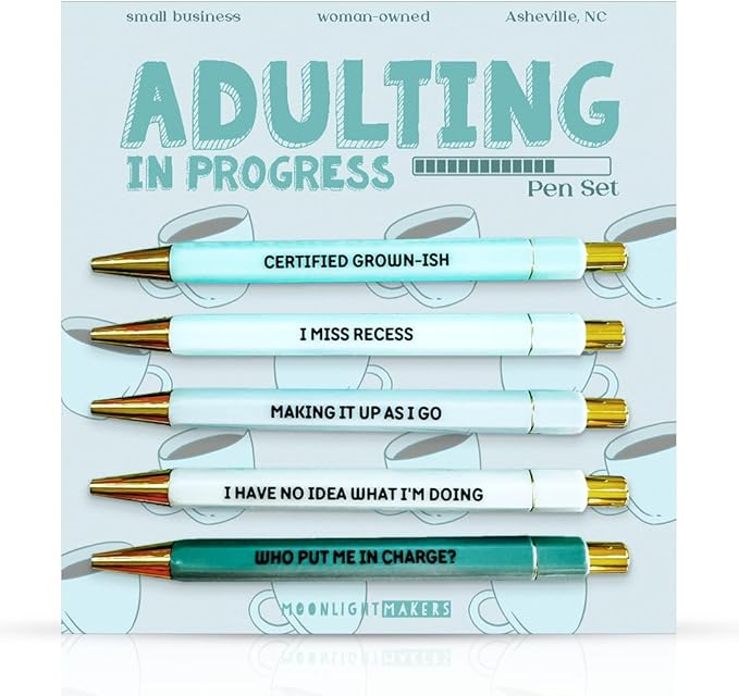 Moonlight Makers Funny Pens and Notepad Stationery Set - Set of 5 Adulting in Progress Engraved Ballpoint Pens with Black Ink, Today's Garbage Notepad, Cute Desk Supplies & Funny Work Gifts for Women