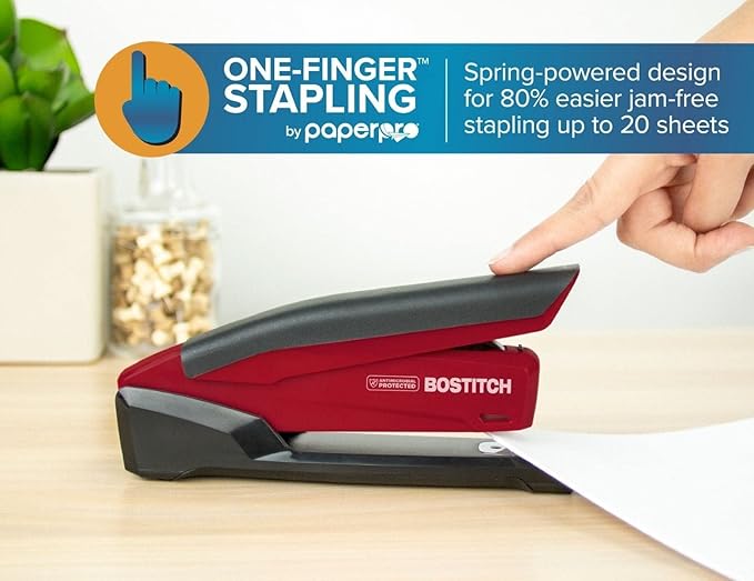Bostitch Office Executive 3 in 1 Stapler,Includes 210 Staples and Integrated Staple Remover,One Finger Stapling,No Effort,20 Sheet Capacity,Spring Powered Stapler,Red,(Pack of 10)
