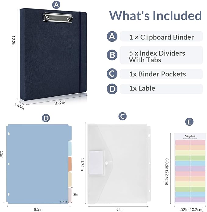 SKYDUE Clipboard Binder with Dividers,1 Inch 3 Ring Binder with Clipboard on Front, Clipboard Folder with Pocket, Labels Office Supplies Blue