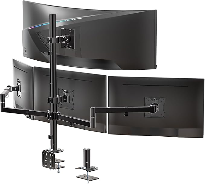 WALI Quad Monitor Mount for up to 49 inch Ultrawides on Top Bracket and 27 inch Screens on Lower Brackets, Extra Tall 4 Monitor Stand, Heavy Duty Monitors Arm up to 44 lbs (M004S-P), Black