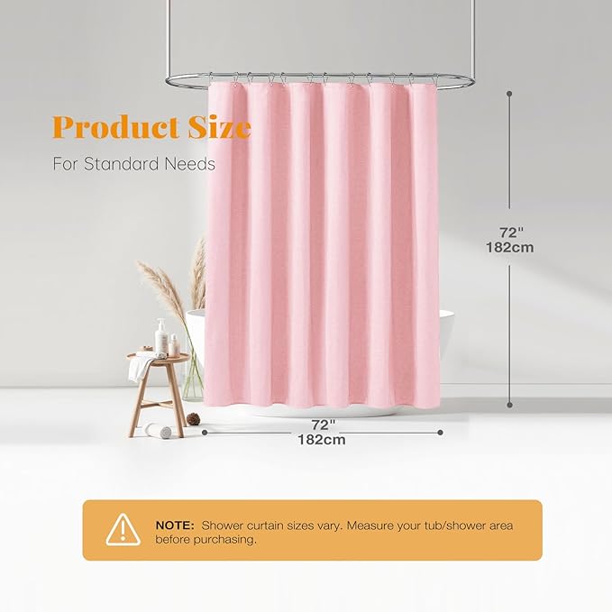BTTN Pink Fabric Shower Curtain - Linen Textured Weighted Cloth Shower Curtain Set with 12 Plastic Hooks, Machine Washable, Hotel Spa Luxury Neutral Decorative Modern Bath Curtains for Bathroom, 72x72