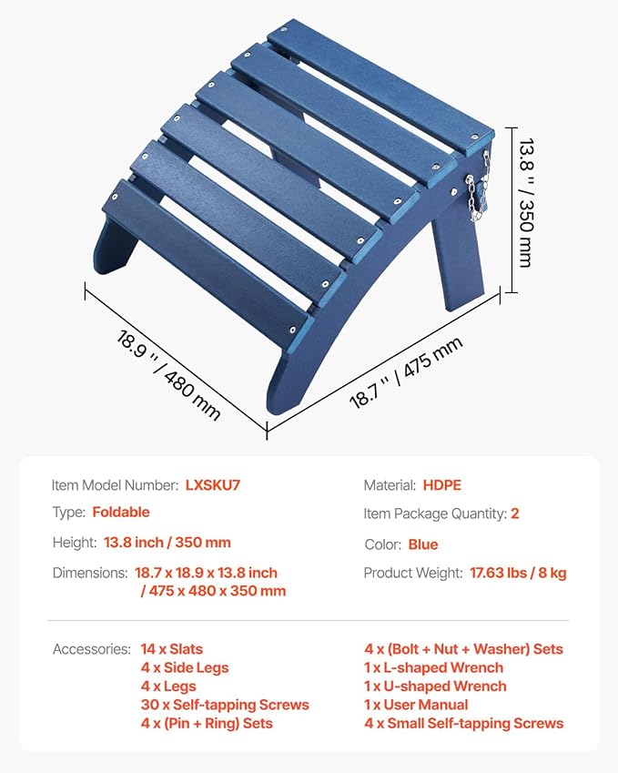 VEVOR Adirondack Ottoman Set of 2, 18.7L x 18.9W x 13.8H Inch HDPE Plastic Folding Adirondack Ottoman, Weather-Resistant Foot Rest for Adirondack Chair, Used for Outside Porch Pool Lawn Backyard, Blue