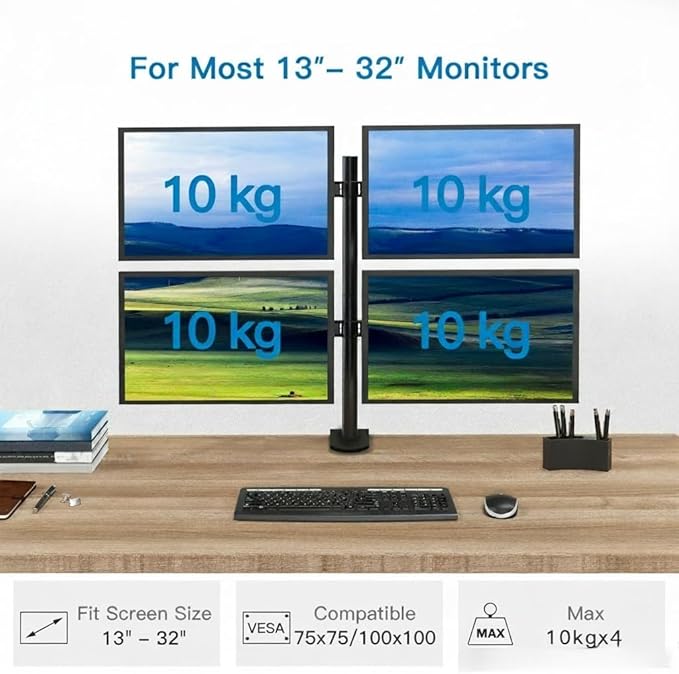 HUANUO Quad Computer Monitor Mount - Heavy Duty LCD Computer 4 Monitor Stand with Full Articulation, Fits Four Screens up to 27 Inches - Each Arm Holds up to 17.6lbs, VESA 75x75-100x100mm