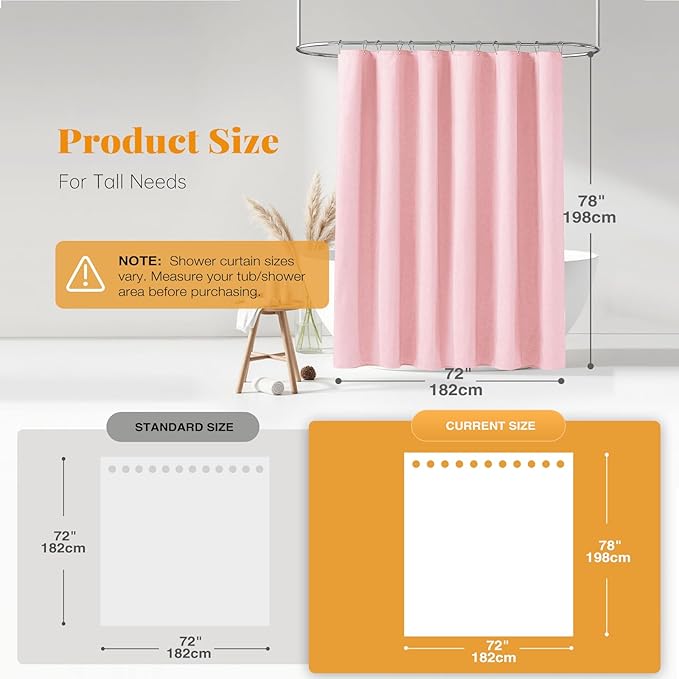 BTTN 78 Inch Long Shower Curtain - Linen Textured Heavy Duty Fabric Shower Curtain Set with 12 Plastic Hooks, Wrinkle Free, Machine Washable, Decorative Neutral Bath Curtains for Bathroom, 72x78, Pink