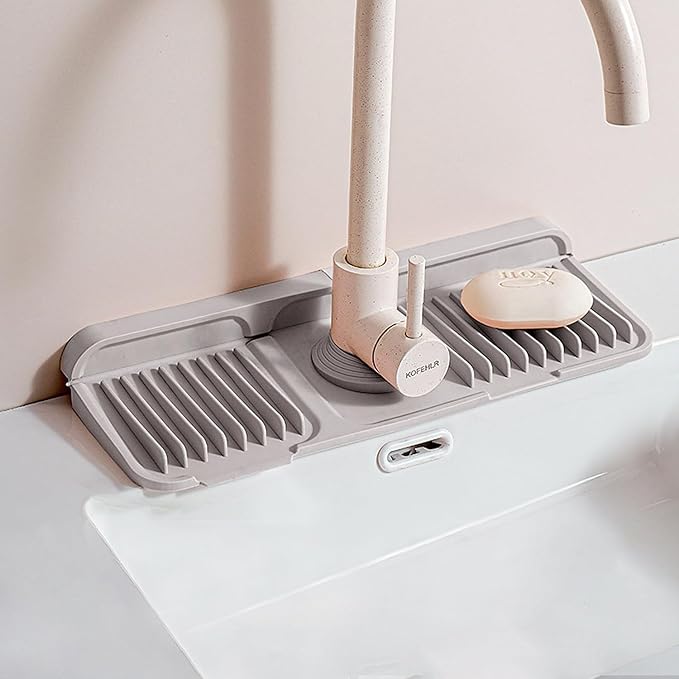 Button Style Faucet Drip Catcher – Silicone Faucet Mat for Kitchen Sink, Leak-Proof Splash Guard with 6° Slope, Behind Faucet Draining Mat, Easy Bathroom & Kitchen Gadgets (Gray, 14.5" x 5.5")