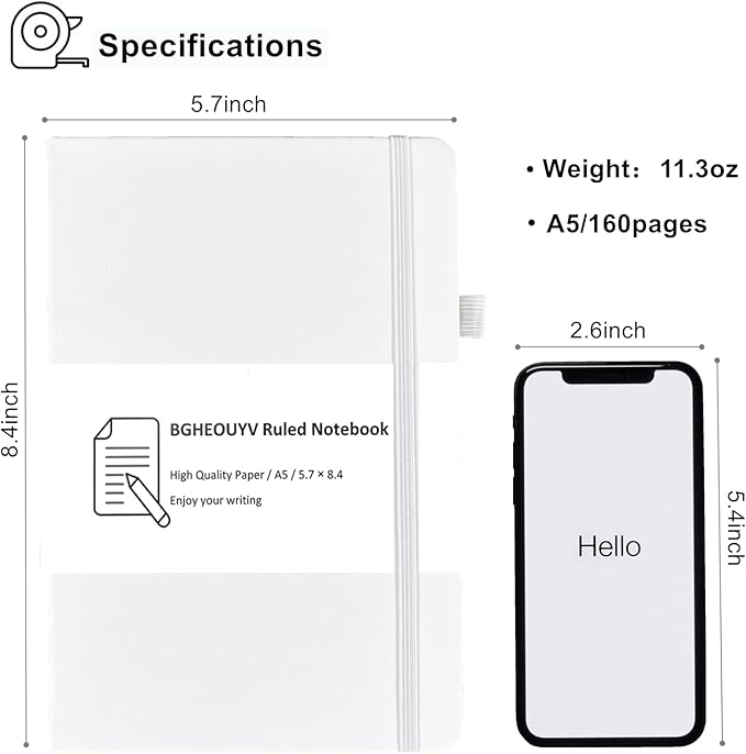 Notebook Journal, College Ruled Notebook Lined A5 160 Pages,Hard Cover Journals for Writing, Notebooks for Work Office School Women Men,5.7 inches x 8.4 inches(White)