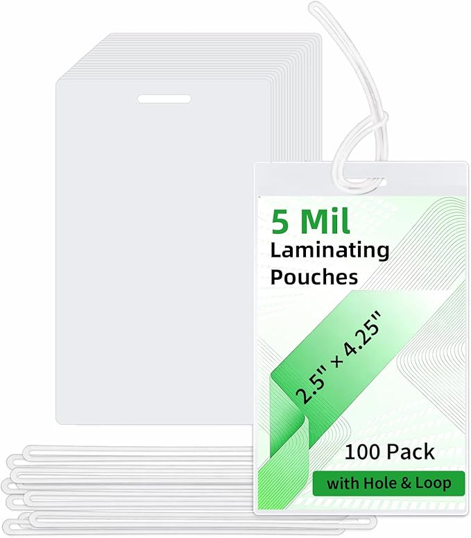 Binditek 5 Mil Laminating Pouches with Hole & Loop, 2.5 x 4.25 Inch ID Badge Lamination Pouches, Clear Thermal Laminating Sleeves for ID Cards, Luggage Tags, Visitor Badges, 100 Pack