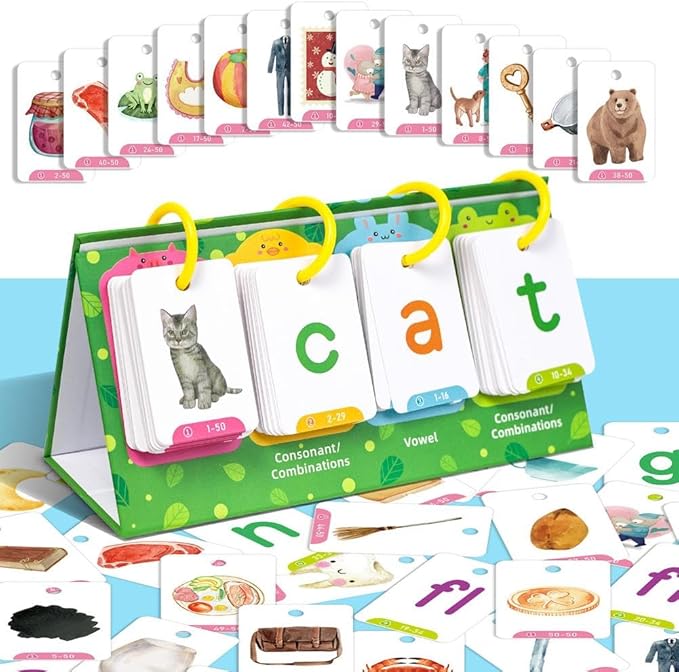 Phonics Flash Cards Learn to Read Word Builder Games Word Building Desktop Pocket Tent Flash Cards Kit with 129 Cards for Reading and Spelling Phonics Learning