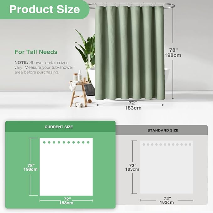 Dynamene Long Fabric Shower Curtain - 78 inch Waffle Weave Heavy Duty Cloth Shower Curtains for Bathroom, Neutral Weighted Hotel Spa Luxury Bath Curtain Set with 12 Plastic Hooks,72x78, Sage Green