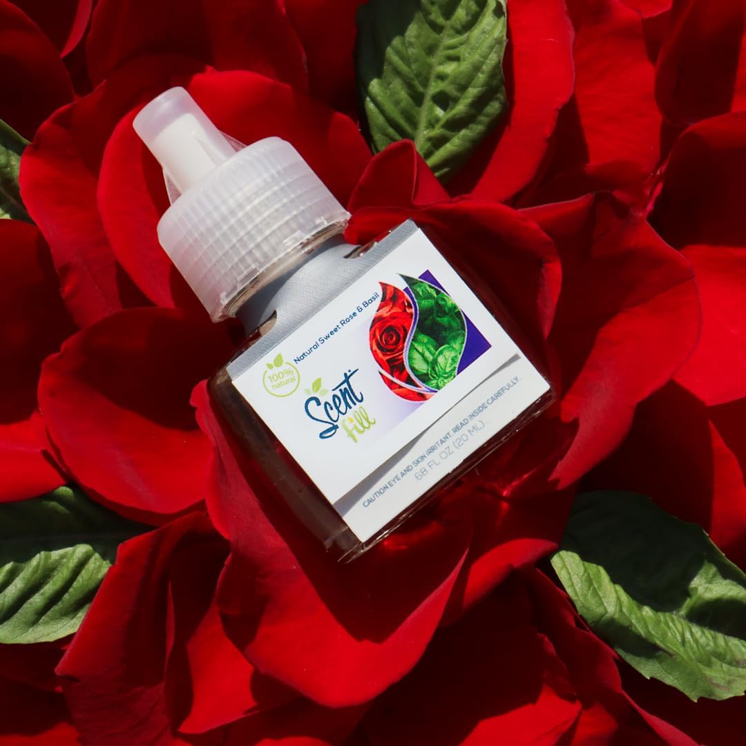 Scent Fill 100% Natural Sweet Rose & Basil Plug in Air Freshener, Scented Oil Refills, 3 Refills