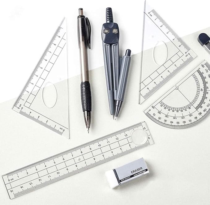 Math Geometry Kit Set 8 Pieces Student Supplies with Shatterproof Storage Box,Includes Rulers,Protractor,Compass,Pencil Lead Refills,Pencil,Eraser.for Students and Engineering Drawings