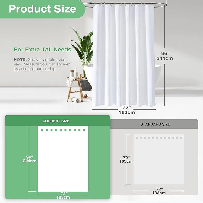 Dynamene Extra Long Shower Curtain,96 Inch Long Waffle Weave Heavy Duty Thick Fabric Bathroom Shower Curtain, Neutral Weighted Hotel Bath Curtain Set with 12 Plastic Hooks,72x96, White