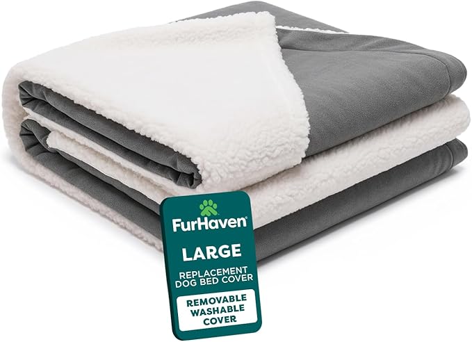 Furhaven Replacement Dog Bed Cover Sherpa & Suede Snuggery, Machine Washable - Gray, 35-inch
