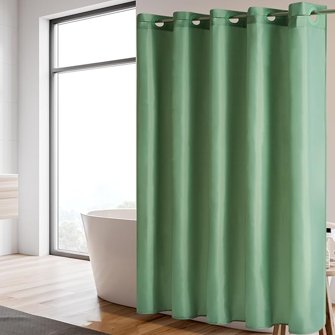 Furlinic No Hook Fabric Shower Curtain,Small Stall Shower Curtain Liner,Bathroom Curtains with 6 Plastic Split Grommets,Waterproof & Machine Washable,Grey Green,Half Narrow 48x72 Inch.