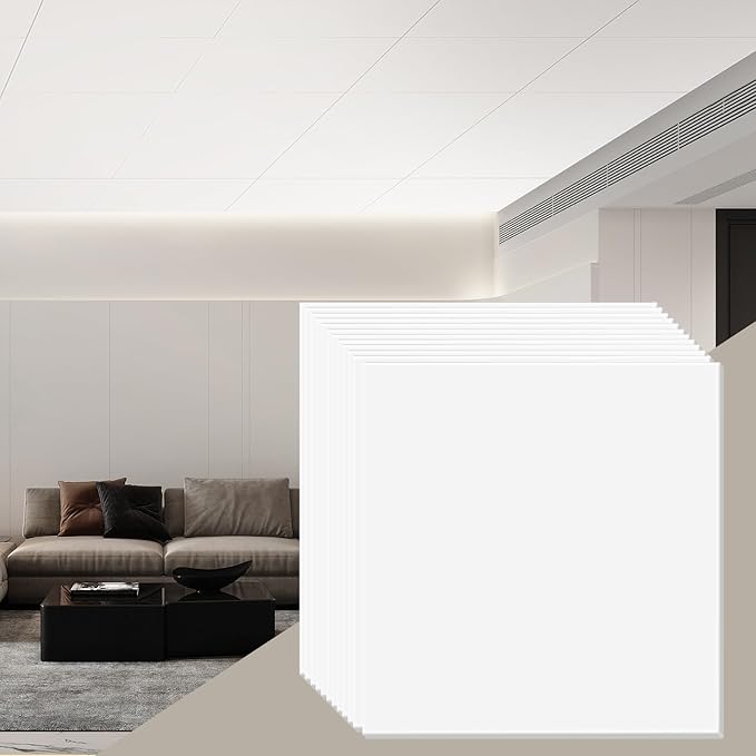 VEVOR 12-Pack 24 x 24 in Drop Ceiling Tiles - Premium PVC Foam Sheet, Fire-Rated & Flexible, Easy Installation, Home/Office Decoration, Smooth White