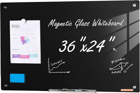 VEVOR Magnetic Glass Whiteboard, Dry Erase Board 36"x24", Wall-Mounted Large White Glassboard Frameless, with Marker Tray, an Eraser and 2 Markers, Black
