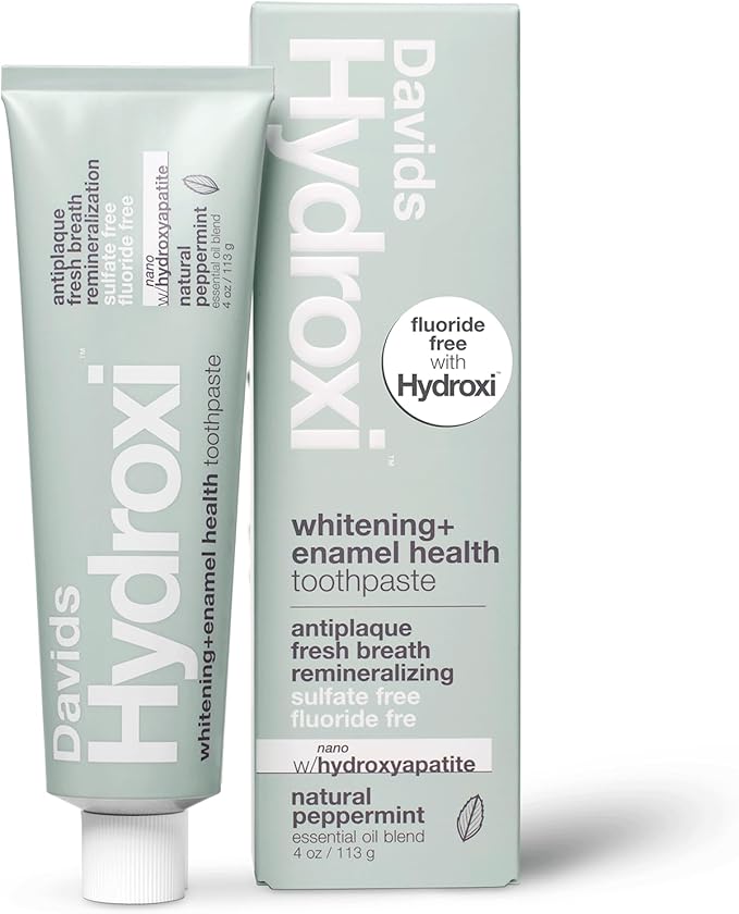 Davids Hydroxi Fluoride Free Nano Hydroxyapatite Whitening + Enamel Health Toothpaste, Antiplaque, Fresh Breath, Remineralizing, SLS Free, Natural Peppermint, 4 oz, Made in USA