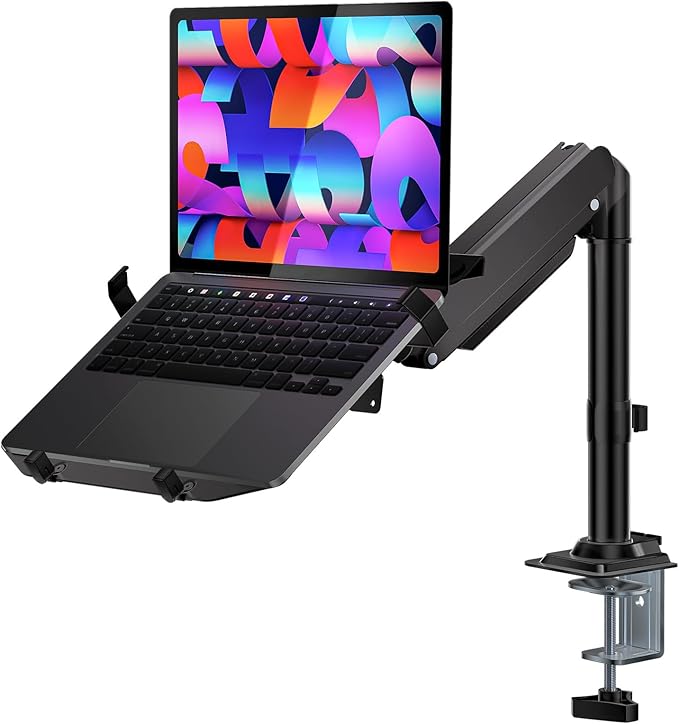 WALI Laptop Desk Mount for 15.6 inch Notebook, Adjustable Single Monitor Arm with Laptop Holder for 32 inch Screen, Laptops Stand with Ventilated Tray, Up to 22 Lbs, (GSDM00LP), Black