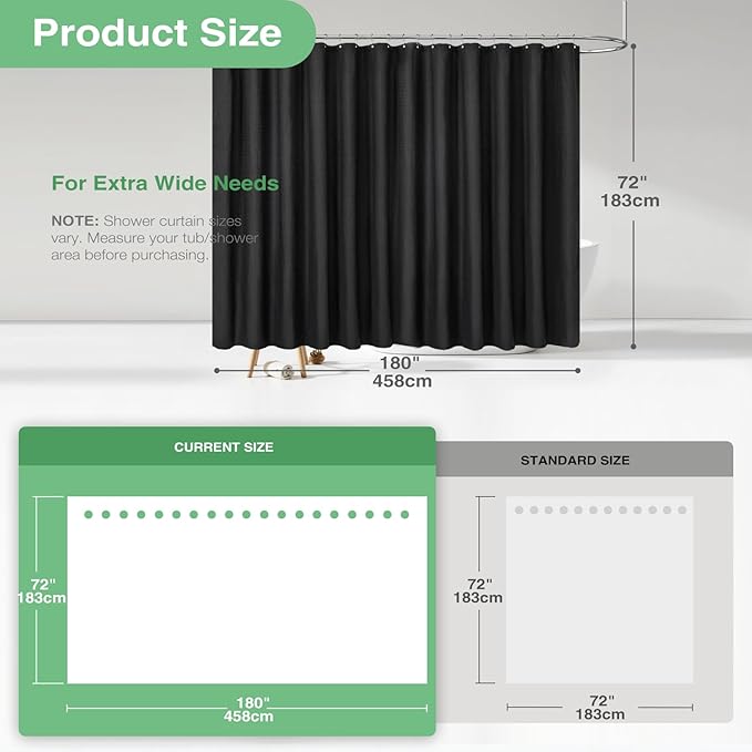 Dynamene Extra Wide Shower Curtain - 180 Inch Wide Waffle Weave Weighted Thick Cloth Bathroom Shower Curtain, Neutral Heavy Duty Hotel Bath Curtain Set with 32 Plastic Hooks,180x72, Black