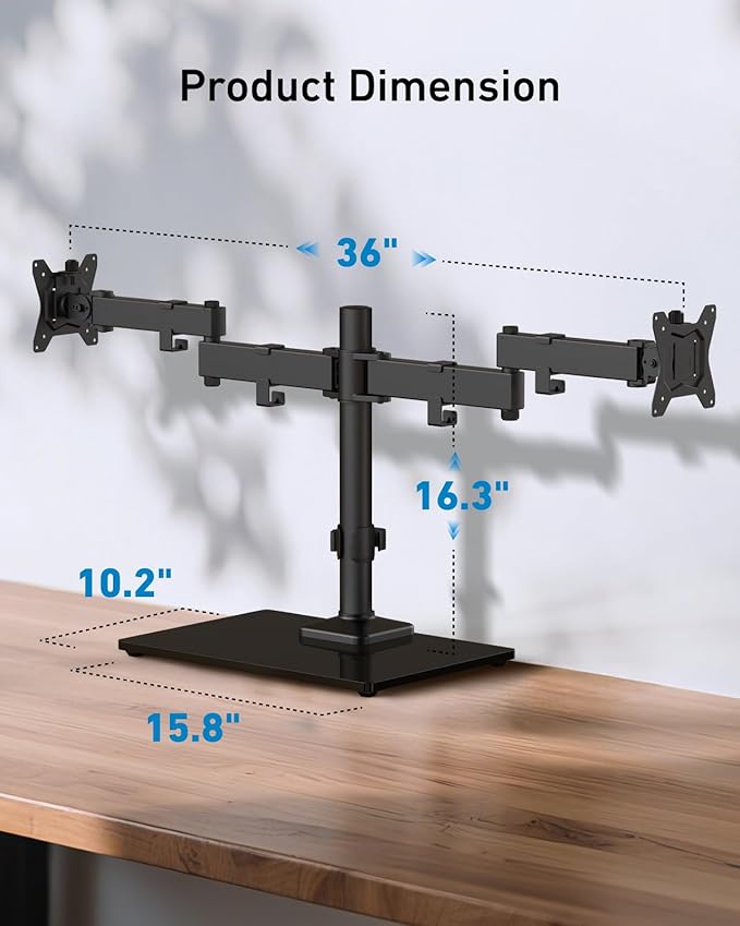 HUANUO Freestanding Dual Monitor Stand, 32 Inch Dual Monitor Mount for 2 Screens, Holds up to 19.8 lbs per Arm, Gaming Monitor Arm Riser with Tempered-Glass Base, Tilt, Swivel, Rotation, Black