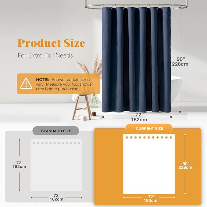 BTTN Extra Long Fabric Shower Curtain - 72x90 Inch Linen Textured Heavy Duty Cloth Shower Curtain Set with Plastic Hooks, Hotel Luxury Waterproof Tall Polyester Shower Curtains for Bathroom, Navy Blue