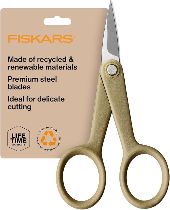 Fiskars 4" Recycled Fabric Scissors - Sustainable, Sharp, Detail Craft Scissors for Embroidery and Sewing - Craft and Fabric Cutting - Beige
