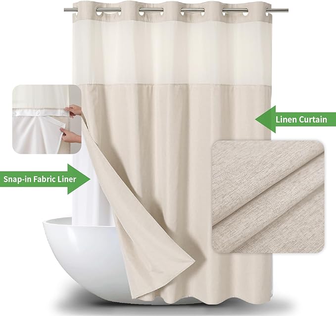 Extra Long No Hooks Needed Linen Textured Shower Curtain with Snap-in Fabric Liner Set,Cream Hotel Luxury Decor Shower Curtains for Bathroom,Waterproof & Washable,71Wx92H