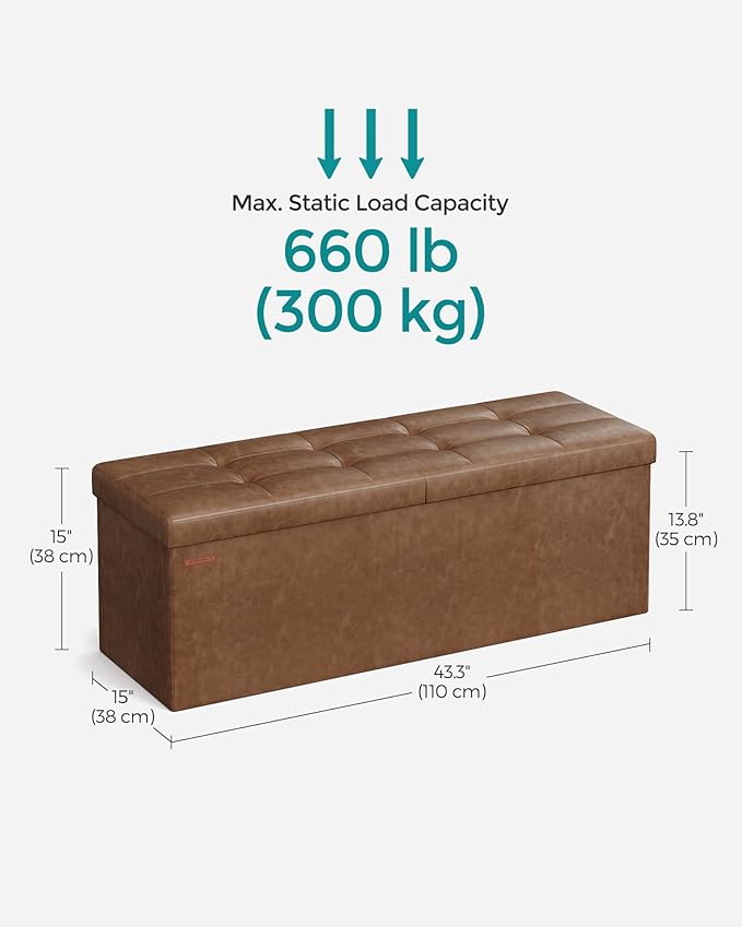 SONGMICS MAZIE Collection - 43 Inches Storage Ottoman Bench with Flipping Lid, Storage Chest with Iron Frame Support, Load 660 lb, for Living Room, Bedroom, Synthetic Leather, Coffee Brown ULSF075K01