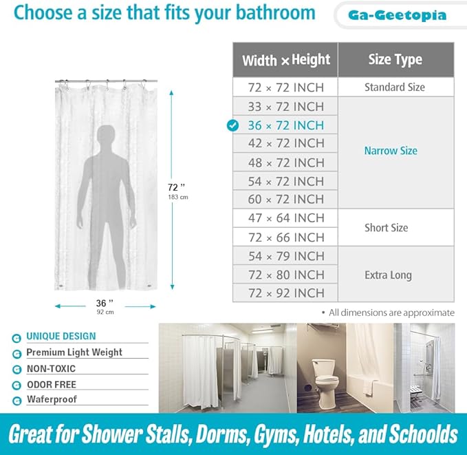 Ga-Geetopia Narrow Size EVA Clear Shower Curtain Liner, Pebble Pattern 36x72 Inch Lightweight Plastic Bathroom Shower Showroom Inner Curtain with Rustproof Metal Grommets and Weighted Magnets