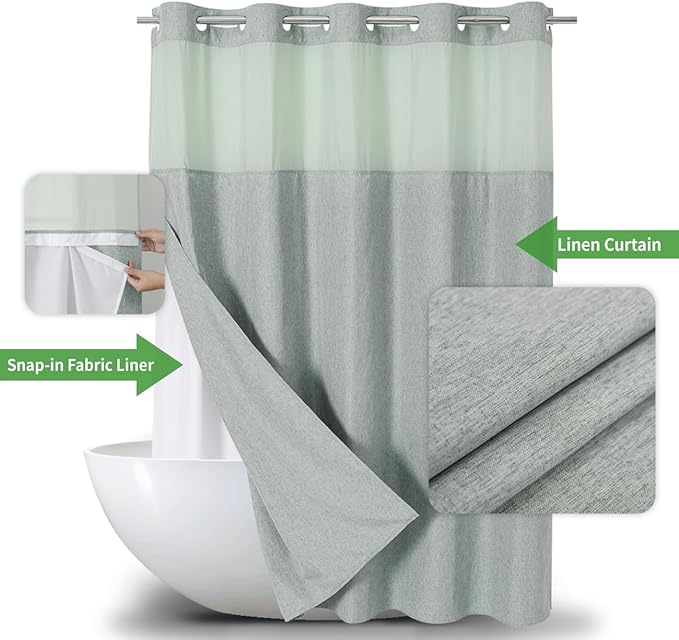Extra Long No Hooks Needed Linen Textured Shower Curtain with Snap-in Fabric Liner Set,Sage Green Hotel Luxury Decor Shower Curtains for Bathroom,Waterproof & Washable,71Wx86H