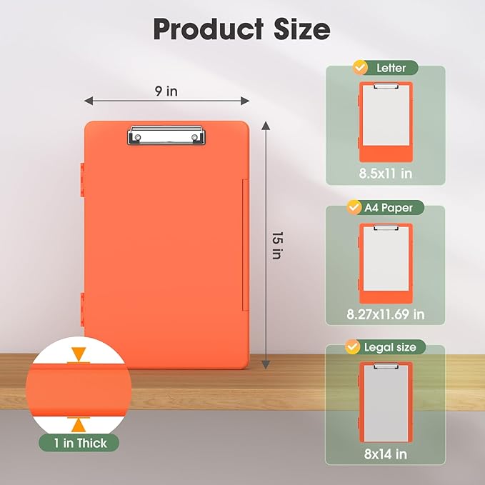 Legal Size Clipboard with Storage, High Capacity 8.5 x 14 Clip Board for Lawers, Folio & Side-Opening, Size 15 x 10 x 1.2 in, Orange